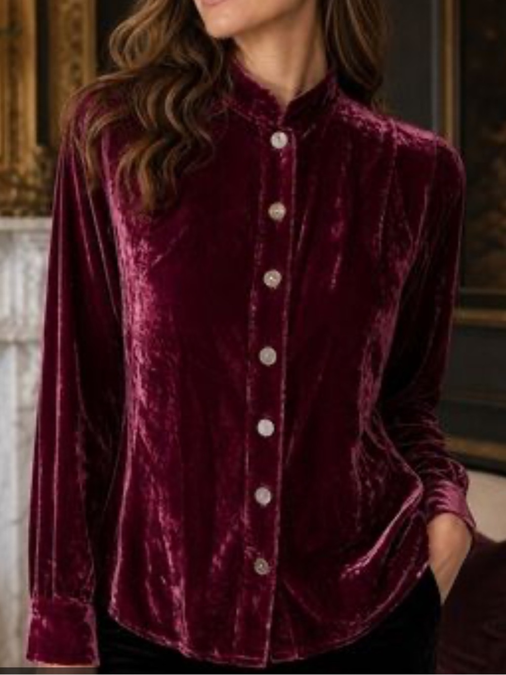 J. Jill Silk Blend Velvet Button Front Long Sleeve Top Burgundy Size Medium